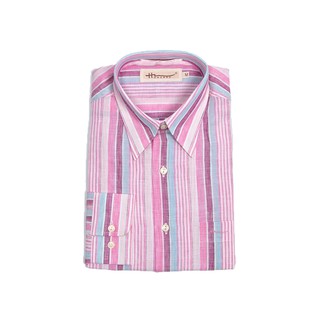 Hazard เสื้อเชิ้ตทำงานแขนยาวลายทาง ผ้า Linen(ลินิน) สีชมพูกล…