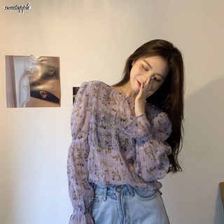 เสื้อเชิ้ต ผ้าชีฟอง ทรงหลวม ลายดอกไม้ สีม่วง แฟชั่นแฟรี่ สไตล์เกาหลี สําหรับผู้หญิง 2022