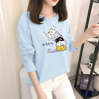 newร่น-206 เสื้อยืดแฟชั่นผู้หญิง แขนยาว ลายแมวน่ารักๆผ้าเนื้อดีนุ่มเบา สวมใส่สบาย สไตล์เกาหลี ยอดฮิตพร้อมส่งจ่ายปลายทาง
