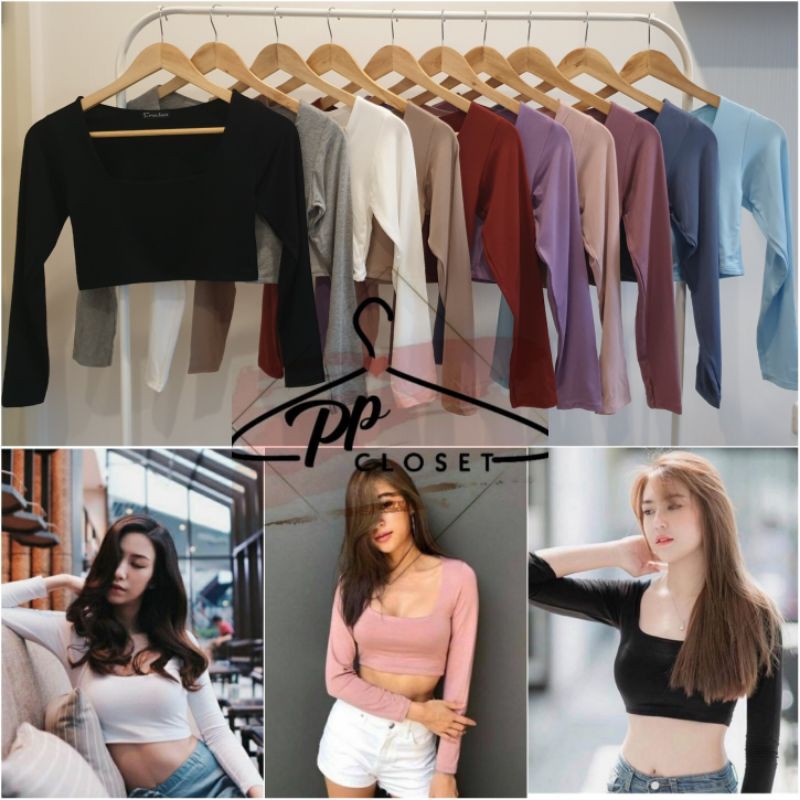 PP♡CLOSET พร้อมส่ง 11สี ‼เสื้อครอปแขนยาวคอเหลี่ยม เอวลอย ผ้าหนา2ชั้นทั้งตัว แพทเทิลกระชับตัว (เนื้อผ้าเรยอน)