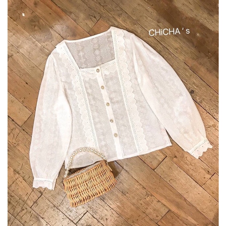 📌ทักก่อนสั่ง📌เสื้อคอเหลี่ยม ปักฉลุ อก30”-40” Chicha