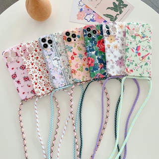 เคสโทรศัพท์มือถือ TPU แบบนิ่ม ลายดอกไม้ พร้อมสายคล้อง สําหรับ iPhone 13 12 Pro Max