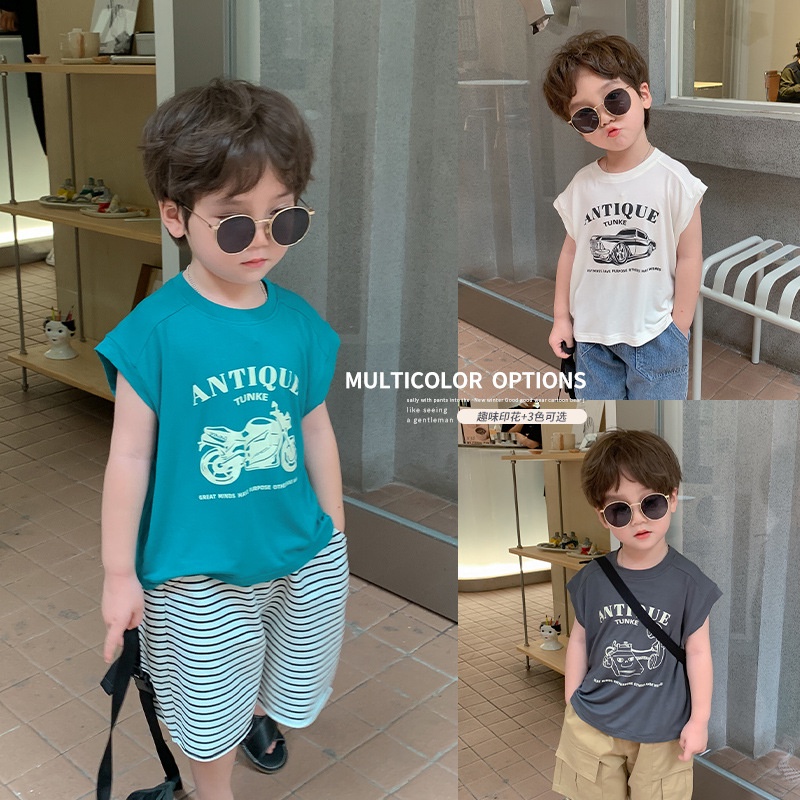 เสื้อแขนกุด ทรงหลวม พิมพ์ลาย สไตล์เกาหลี แฟชั่นฤดูร้อน สําหรับเด็กผู้ชาย