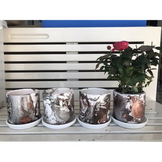 กระถางต้นไม้ ลายหินอ่อน  แฮนด์เมด พร้อมจานรอง ขนาด 4.4”x4.5” Hand-craft marble like potted plant