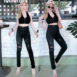 Cc jeans XXL 198 กางเกงยีนส์ผู้หญิง ทรงเดฟ เอวสูง แต่งขาดแฟชั่น