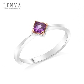 Lenya Jewelry  แหวนอเมทีสต์ (Amethyst) ทรงสี่เหลี่ยม ขนาด 3.00 mm ตัวเรือนเงินแท้ชุบทองโรเดียมและพิ้งค์โกล์ด