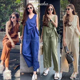 Jumpsuit จั๊มสูทยาว ทรงป้ายผูกโบว์ข้าง แขนกุด