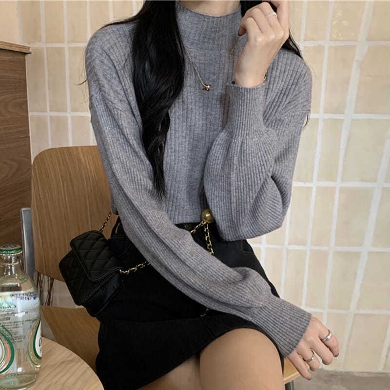 เสื้อไหมพรมแขนยาวคอสูงสําหรับฤดูหนาวสําหรับผู้หญิงเสื้อถักใส่สบาย