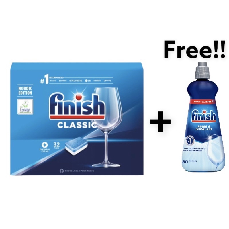เม็ดล้างจาน finish ฟีนิช  classic 32เม็ด แถมฟรี น้ำยาแวววาว400ml 1ขวด!!