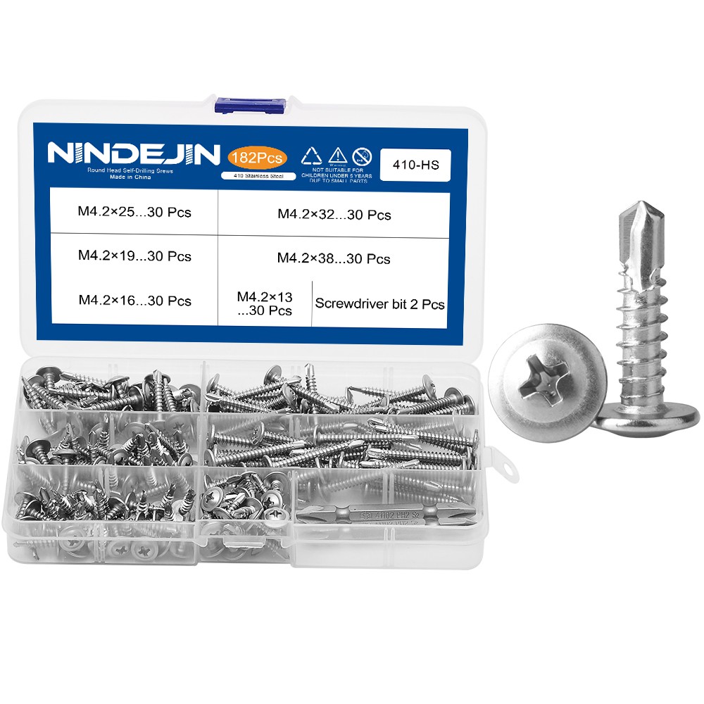 NINDEJIN 182pcs สกรูเกลียว ปลายสว่าน หัวเวเฟอร์/หัวร่ม P/F M 4.2 410 สกรูสแตนเลส