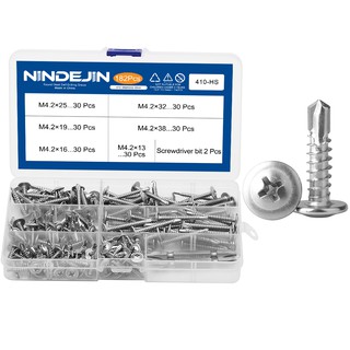 NINDEJIN 182pcs สกรูเกลียว ปลายสว่าน หัวเวเฟอร์/หัวร่ม P/F M 4.2 410 สกรูสแตนเลส