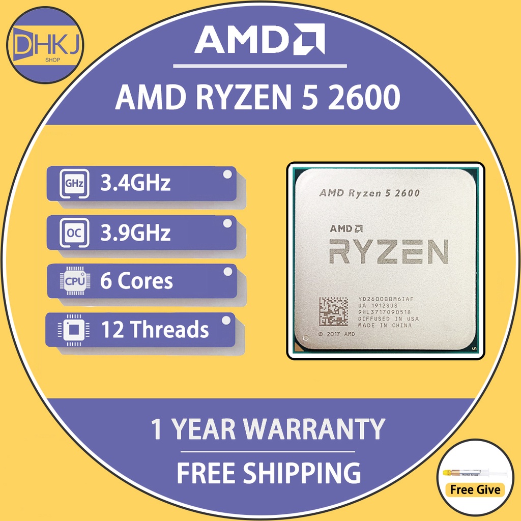 ใช้ AMD Ryzen 5 2600 R5 2600 3.4 GHz Six-Core Twelve-Thread 65W CPU โปรเซสเซอร์ซ็อกเก็ต AM4 ไม่มีพัด