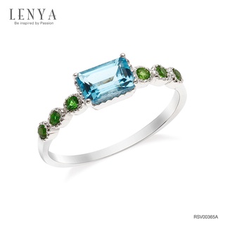 Lenya Jewelry แหวนเงินแท้ 925 ชุปทองคำขาวประดับพลอยสีฟ้าบลูโทแพซ รูปทรงสี่เหลี่ยมและเสริมแต่งด้วย สีเขียว โครม ไดออฟไซต์