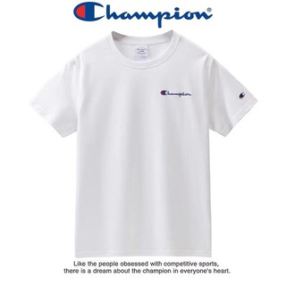 สื้อยืดแขนสั้นปักลายผ้าฝ้าย 100% champion แฟชั่น เสื้อยืดคอกลมทรงหลวมสไตล์ผู้ชายและผู้หญิงสองสี