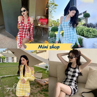 Mini shop🌸พร้อมส่ง🌸(28628+28628-1) ชุดเซ็ต ชุดเดรส+เสื้อคลุมลายตารางน่ารักสีแจ่มใส่สบายมาก