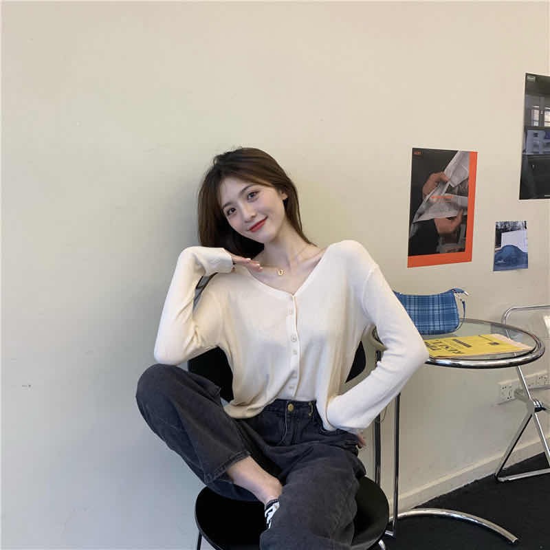 Cicishop(พร้อมส่ง)(8175)เสื้อแขนยาวผ้าไหมพรม คอวีใส่สบายน่ารัก