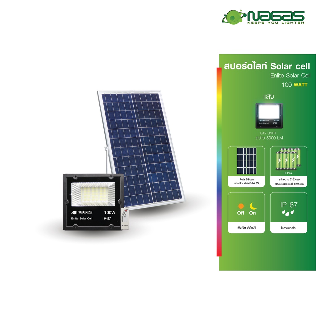 Nagas สปอตไลท์ โซล่าเซลล์ Enlite Solar Cell 100 Watt DayLight IP67  สว่างนานถึงเช้า แบตเตอร์รี่ลิเธี
