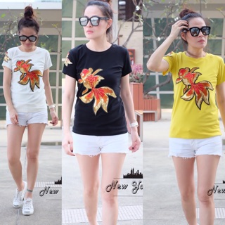 🐠🐠เสื้อยืด เสื้อยืดปักลายปลาทอง