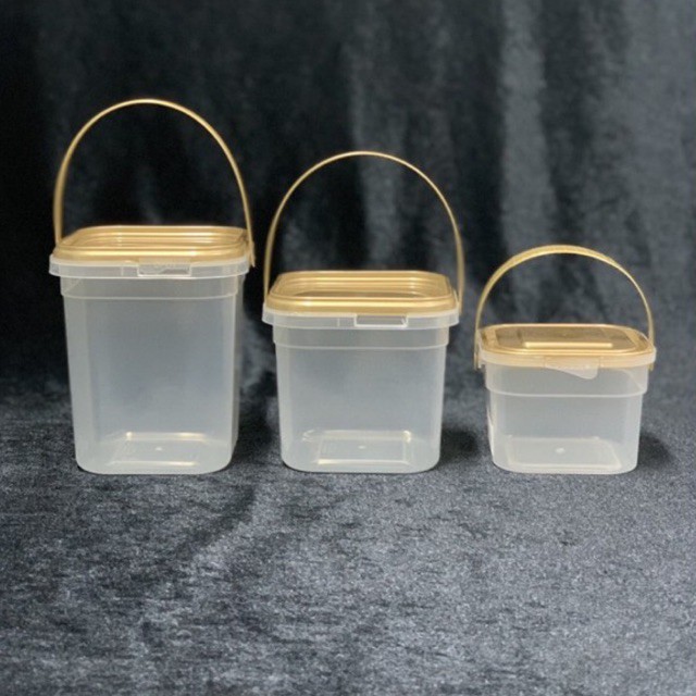 (25ใบ) กระปุกใส่ขนมทรงสี่เหลี่ยม ฝาเซฟตี้ซีลใส่ขนม ฝาสีทอง และใส รหัส 1865, 1883,1884 ปริมาตร 280 ml