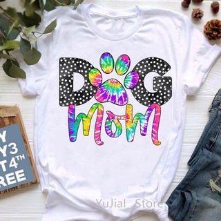 เสื้อยืด Rainbow Dog Mama Graphic Print T-Shirt Women Kawaii Cat Paw Tshirt Femme Summer Fashion T Shirt Female  Shirt