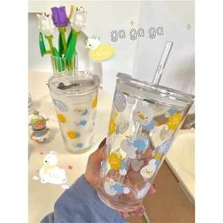 -แก้ว 💗 ถ้วยนมลายเป็ดน้อยน่ารัก 💗 ความจุ 450ml แถมหลอดและฝาปิด! สไตล์เกาหลี🌈ส่งจากไทย🌈