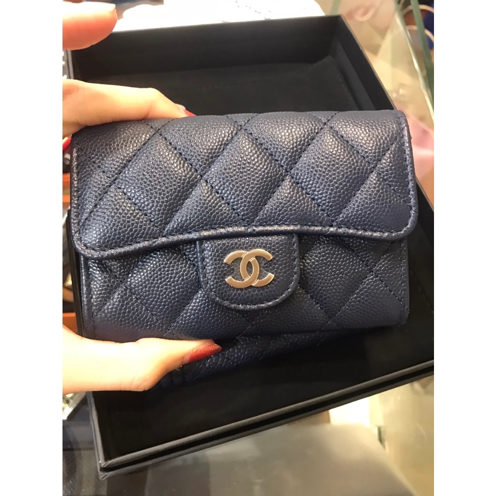 👜New  👜Chanel Flap Card Holder Navy Ghw Caviar