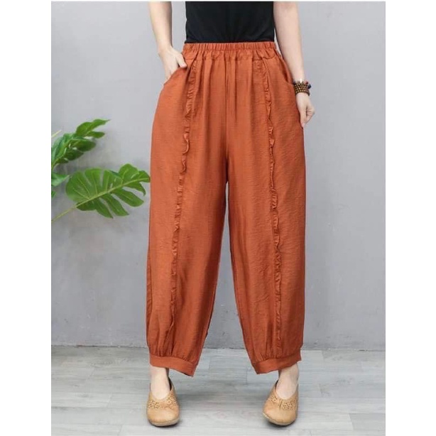 กางเกงผ้าฝ้าย ขายาว สาวไซส์ใหญ่ หญิง-ชาย ผ้าพื้นเมือง สีพื้น เอว 2xl-6xl ยืดถึงเอว 54 นิ้ว บิ๊กไซส์