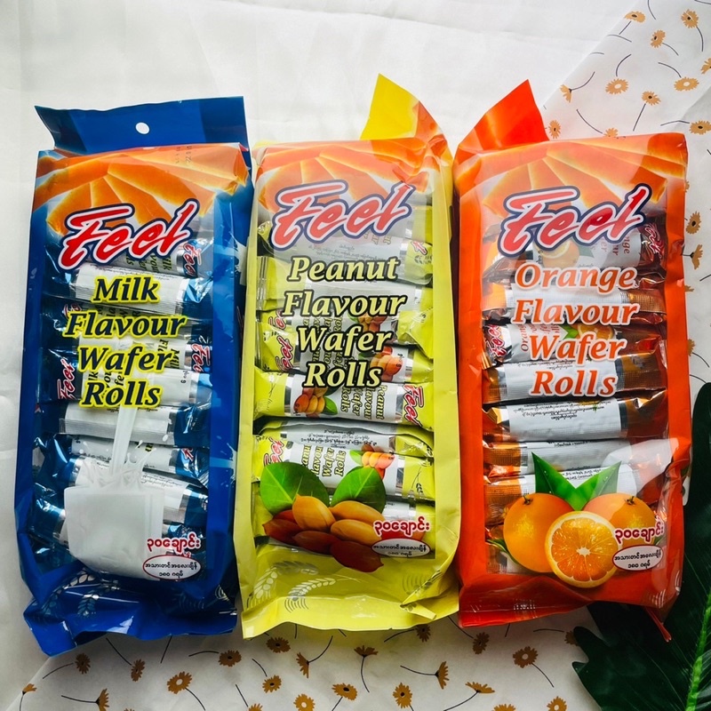 Feel wafer rolls ขนมเวเฟอร์ ยี่ห้อ feel รสส้ม รสถั่ว รสนม รสข้าวโพด