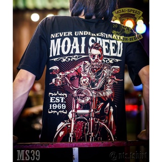 เสื้อยืดผ้าฝ้ายพรีเมี่ยม MS 39 Never Understimate เสื้อยืด สีดำ เสื้อไบค์เกอร์ รถแข่ง Moai Speed T-Shirt ผ้าคอตตอน สกรีน