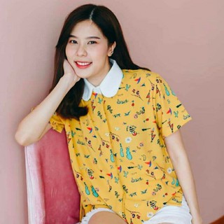 เสื้อเชิ้ตแขนสั้น kissingyoubrand party shirt - Yellow