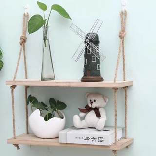 HoT🚀Wall Shelves One-word clapboard bookshelf free perforated hemp rope decoration shelf living room wall แขวน