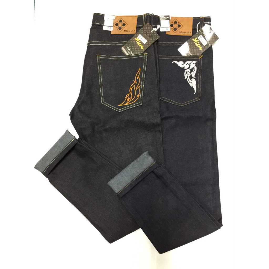 กางเกงยีนส์ผู้ชาย ปักลายไทย ลายกนก 👖Micnoยีนส์ยืด ขาเดฟ สีเข้ม R185 R190 เอว 28-36