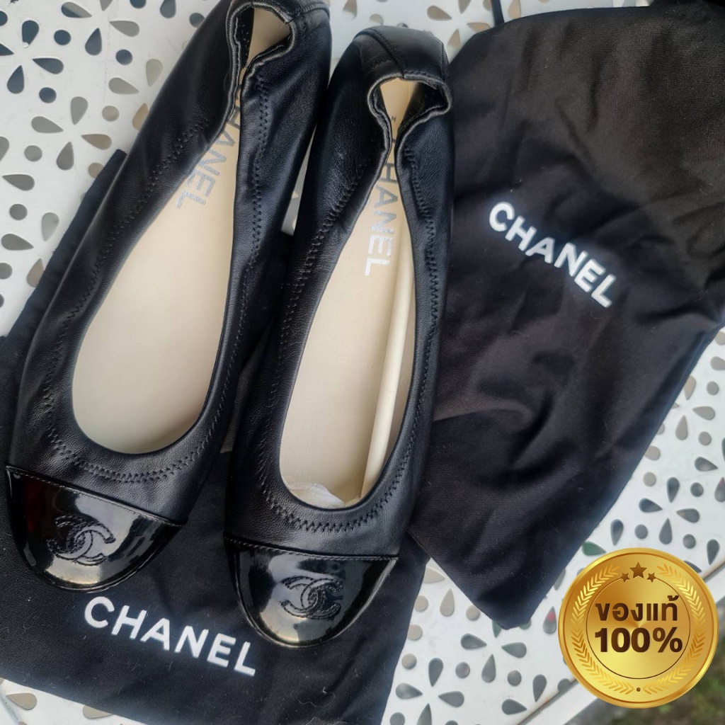 Chanel รองเท้ามือสองของแท้ ไซส์ 37.5 หนังแท้ทรงบัลเล่ต์สีดำ