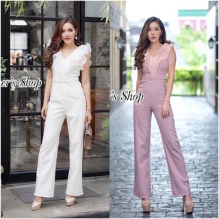 hbstation.shop เสื้อผ้าผู้หญิง จั๊มสูทขายาว สีขาว ชมพู พร้อมส่ง