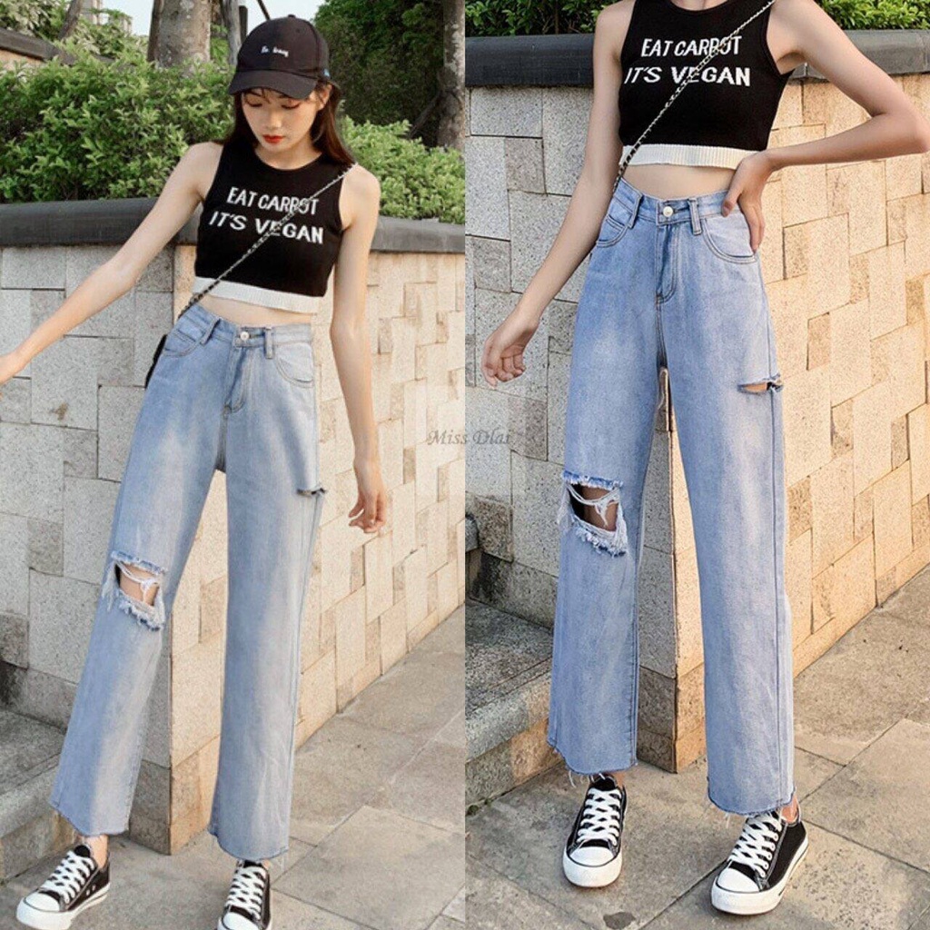 Korean ️ กางเกงยีนส์เกาหลี ขาขาด ขาดกว้าง สองฝั่ง สไตล์ ไทยนิยม