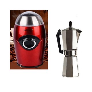 moka pot 3 cup พร้อมที่บดกาแฟไฟฟ้า coffee grinder ที่บดกาแฟแบบไฟฟ้า350 w จุ50 gms สีแดง