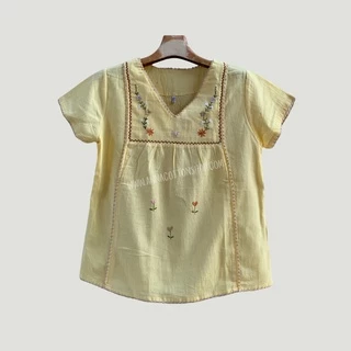 เสื้อผู้หญิงคอวีถักคู่ งานปักดอกมะลิ สีสันใสสวยงามหน้าสวมใส่ ใสสบายไม่ร้อน แห้งง่าย เย็นสบาย สีไม่ตกไม่หด ใส่อยู่บ้าน