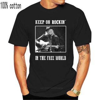 เสื้อผ้าผชเสื้อยืด ผ้าฝ้าย พิมพ์ลาย Keep On Rocking In The Free World Neil Young สีดํา สําหรับผู้ชายS-5XL