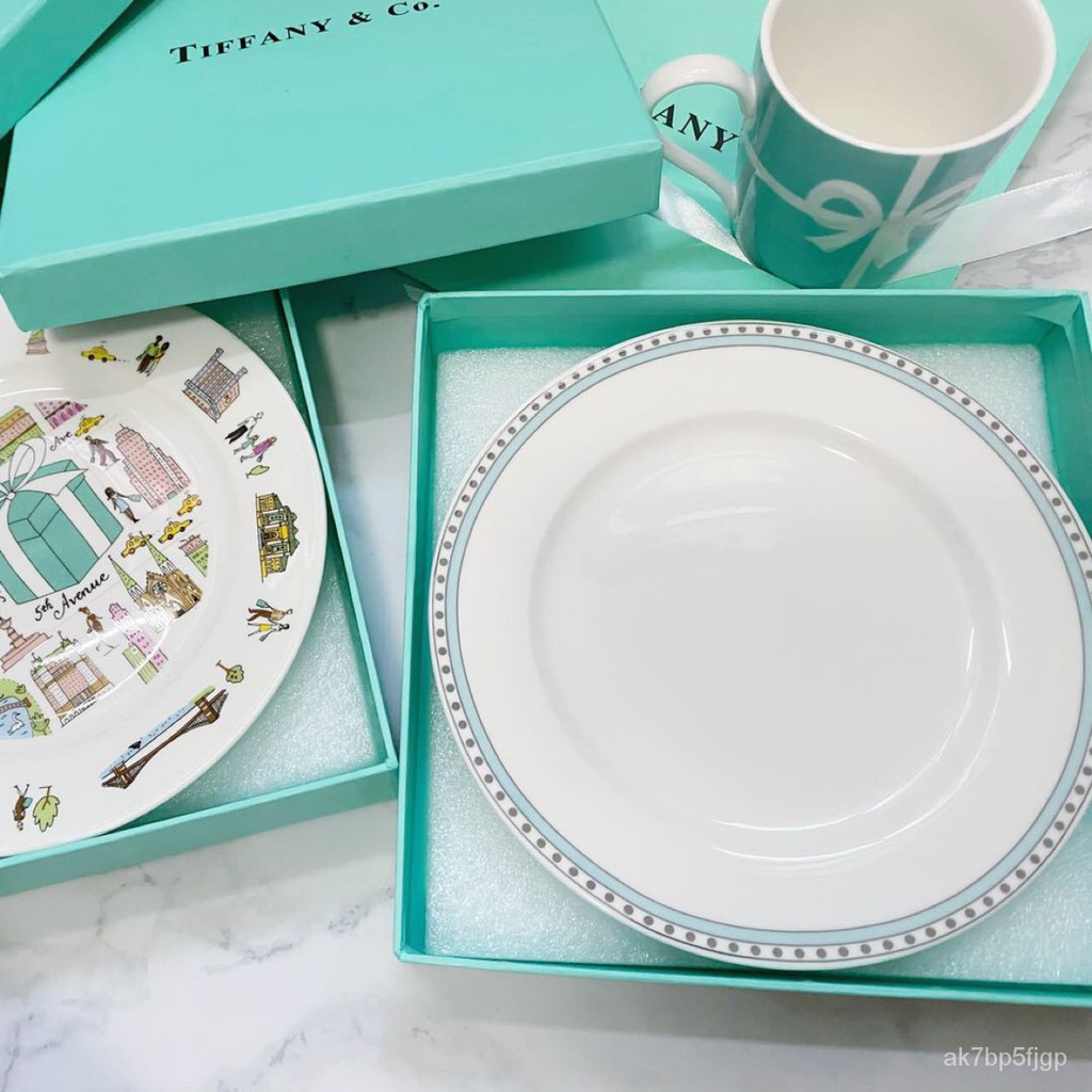 Tiffany Classic Blue Bow Platinum Plate Fifth Avenue Couple Pair Dishes ...