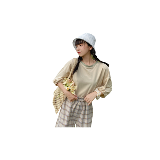 ส่งไวจากไทยเสื้อยืดแขนยาว คอกลม สไตล์เกาหลี สีพื้น สำหรับผู้หญิง:สีกากี,M