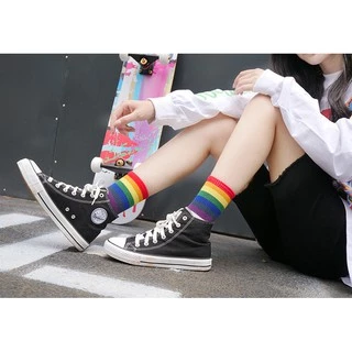 ถุงเท้าแฟชั่น 🌈ลายสายรุ้ง 🌈ฟรีไซส ถุงเท้าข้อกลาง ลายทางสีสันสด Rainbow socks NO.17