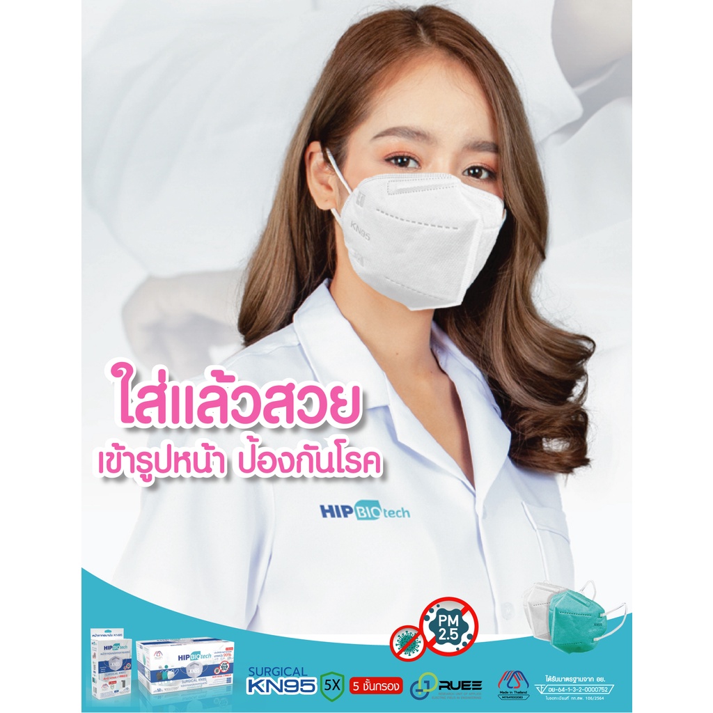 HIP biotech mask หน้ากากป้องกันฝุ่นละอองขนาดเล็ก กรอง PM2.5 มาตรฐาน KN95 แพ็คสุดคุ้ม (สีขาว) HIP KN9