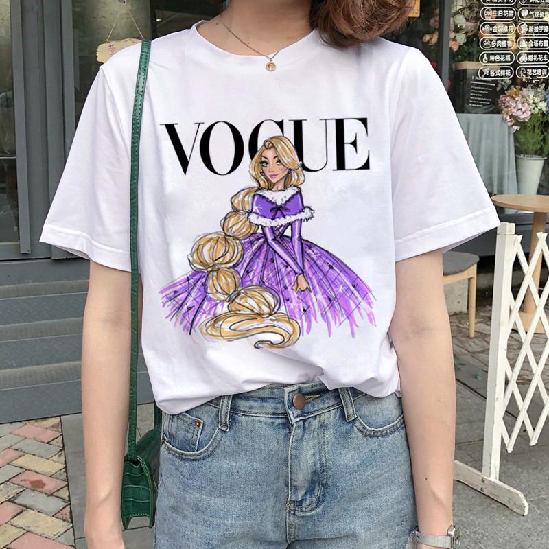 Vogue ใหม่เสื้อยืดลําลองสําหรับสตรีผ้าฝ้ายคอกลมพิมพ์ลายดอกไม้สไตล์วินเทจเสื้อยืด