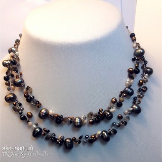 ชุดสร้อยคอมุกน้ำจืดดำแท้ คริสตัล Necklace Freshwater black pearl crystal