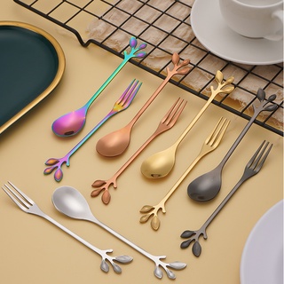 Stainless steel fork creative leaf handle spoon coffee dessert spoon stir spoon fruit moon cake fork