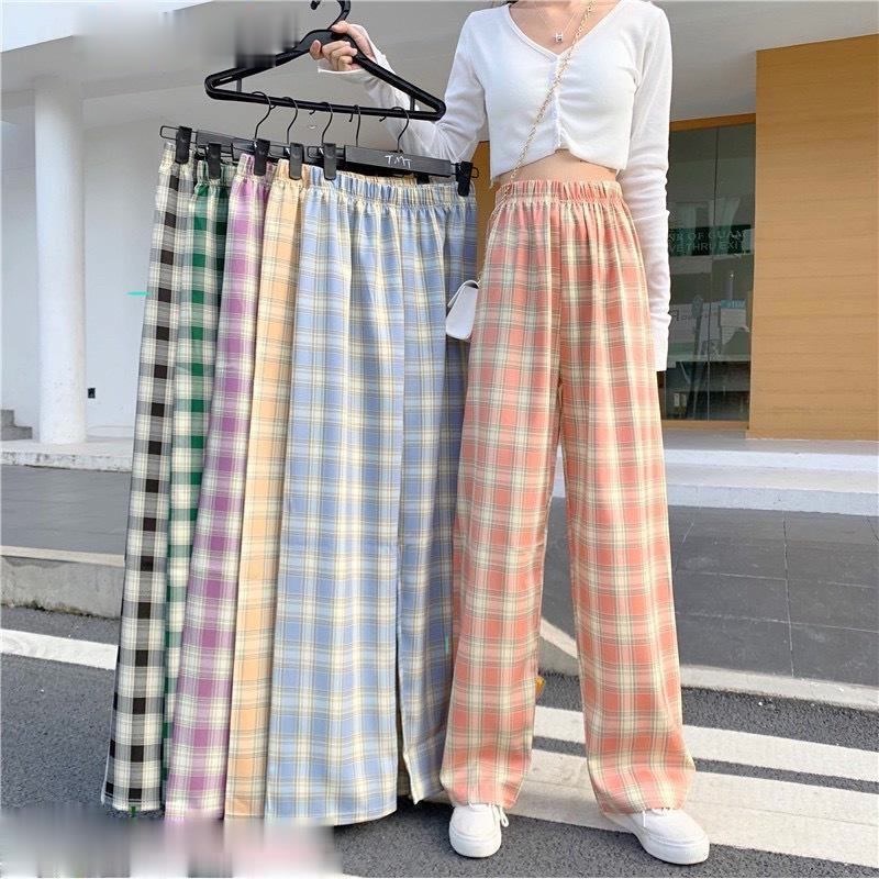 🚀ถูกที่สุด กางเกงลายสก็อต สไตล์เกาหลี โอเวอร์ไซต์ทรงกระบอกเอวยางยืด #355