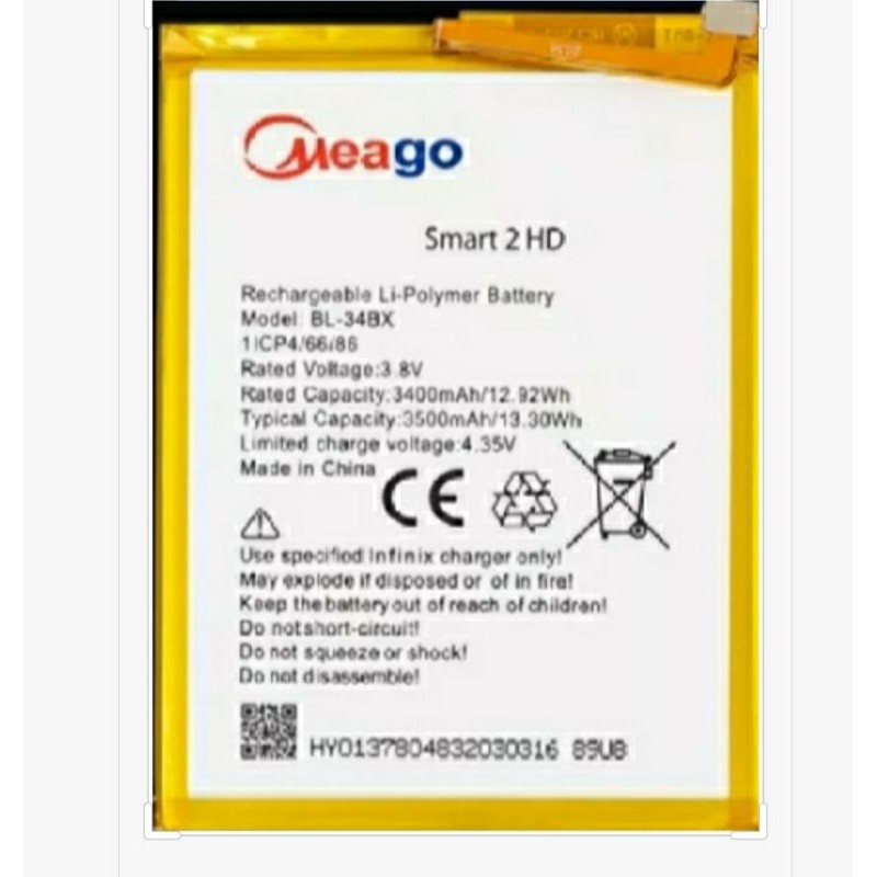 แบตเตอรี่ infinix Smart 2 HD /X609B (BL-34BX) แบต มอก100% .แท้ (Meago) รับประกัน 3 เดือน