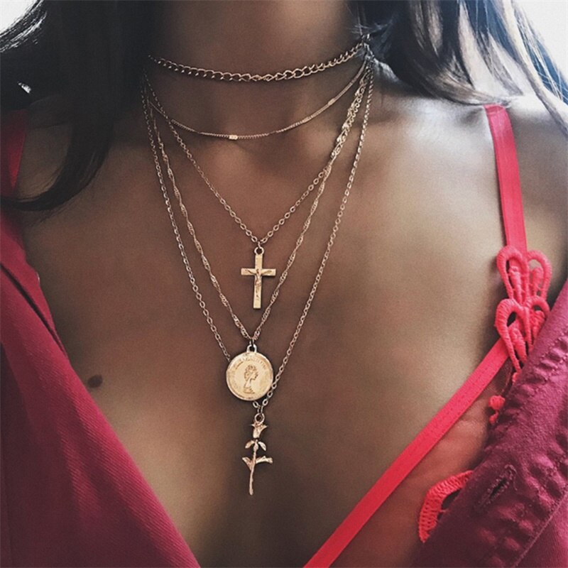 แฟชั่นหลายชั้น Cross สร้อยคอผู้หญิง Charm Gold สี Chokers สร้อยคอ Collares หญิงเครื่องประดับ