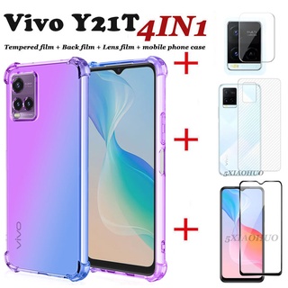 (4in1) เคสโทรศัพท์มือถือ ฟิล์มกระจกนิรภัย ไล่โทนสี สี่มุม สําหรับ Vivo Y21T Vivo Y21 Y15A Y15S Y76 5G