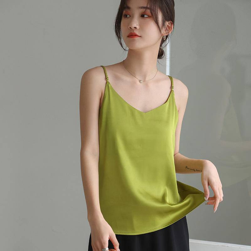 Mulberry Silk Satin Camisole H51001 ผู้หญิงs V คอแขนกุดหลวม Tank Top 真丝เลดี้หญิง背heart